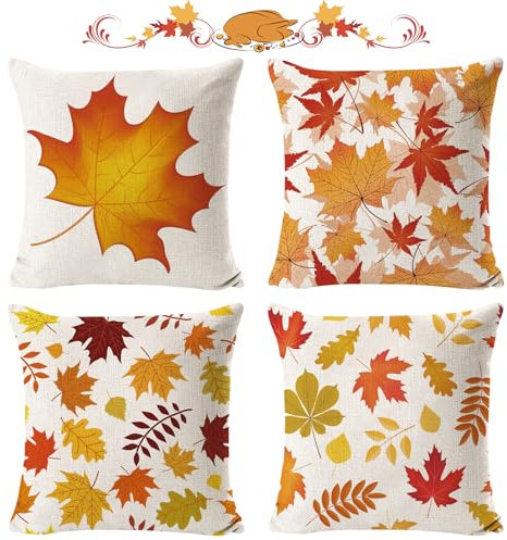 4 Unidades de Decoración Otoñal para Interiores - Cojín de Otoño 45 x 45 cm, Funda de Cojín, Decoración para Sofá, Cama, Hogar