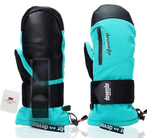 devembr Manoplas de esquí con Muñequeras, Manoplas de Snowboard con Pantalla Táctil, Impermeables, Verde Azulado, M