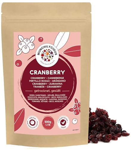 Munchilycious Mirtilli Rossi Secchi 500g, Mirtilli Rossi Essiccati, Dolcificati con Succo di Frutta