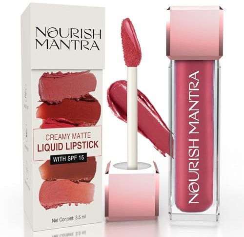Nourish Mantra Lipstick (3.5ml)/ Creamy Matte Liquid Lipstick with SPF/Water Proof/Smudge Proof/Transfer Proof/Long Lasting/Suits All Skin Tones (Dark pink - Jashn-E-Gulab)