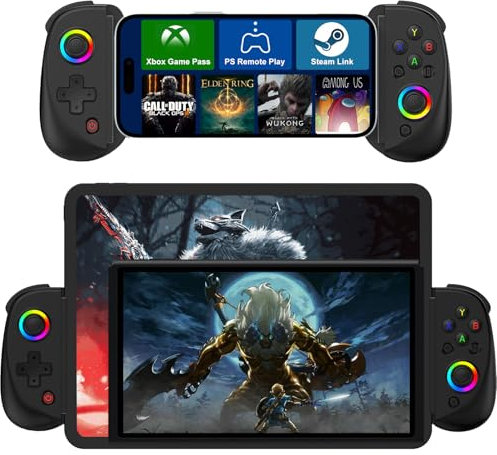 Manette de jeu pour iPad/Tablette, manette de jeu sans fil pour iPhone, manette télescopique Bluetooth RGB pour Android/iOS/PC/Smart Phones pour 13-25cm Parfait pour COD/Genshin, Direct Play (noir)