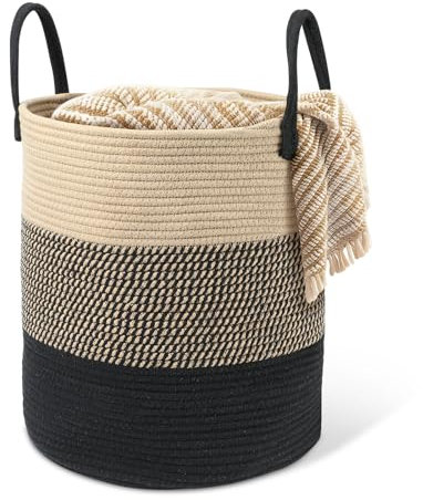 HDRNT Wäschekorb Geflochten aus Baumwolle，45L Wäschesammler mit Henkel,Geflochtener Wäschesortierer, Laundry Basket Aufbewahrungskorb für Wäschekammer Kinderzimmer Bad (35cm*40cm) (beige+schwarz)