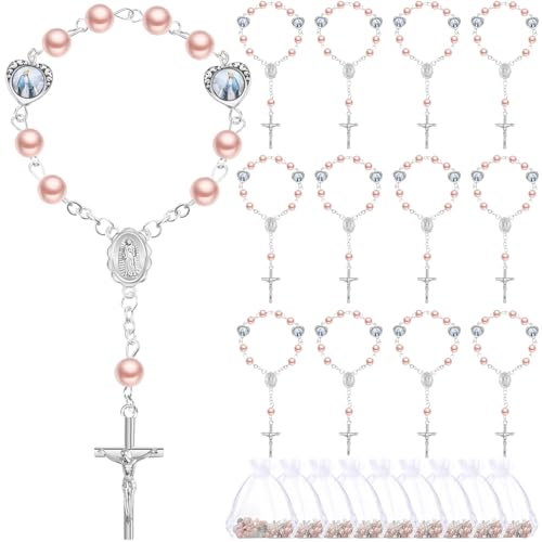 Misdary Mini-Rosenkranz mit Organza-Beuteln, Kunstperlen, Taufgeschenke für Gäste, katholischer Finger-Rosenkranz für Taufe, Hochzeit, Party, Gastgeschenk, Erstkommunion, Geschenk, 30 Sets (Rosa)