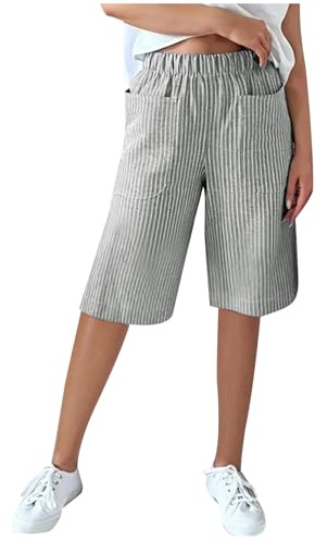 Knee Length Shorts for Women Casual Striped Summer Shorts with Pockets Ladies Comfy Loose Bermuda Lounge Shorts Womens Pull On Elastic Waisted Long Shorts