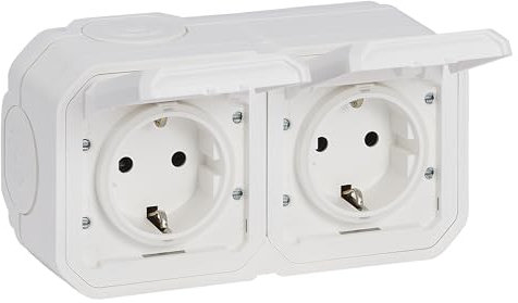 LEGRAND, Plexo New 069772L Double prise Schuko standard pour pièces humides, avec couvercle à charnière, protection contre les contacts, précâblé, bor