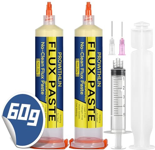 prowithlin Flussmittel Löten, 60ml, 2 Stück Lötpaste mit 2 Nadeln, 1 Drücker & 1 Spritze - 60g No Clean Lötzinn mit Flussmittel ür BGA/IC/CPU/PCB/SMD