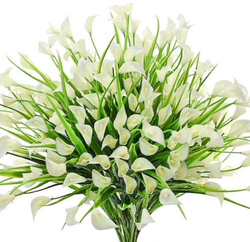 Bacucine 24 paquetes de flores artificiales de lirio de cala artificiales para exteriores, resistentes a los rayos UV, flores de plástico para porche, jardín, ventana, caja, decoración de mesa