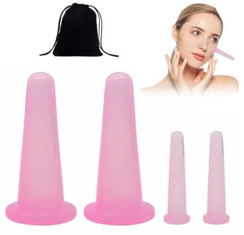 4 Stück Facial Cupping Silikon Schröpfgläser für Gesicht Massage Set mit Aufbewahrungstasche (Rosa)