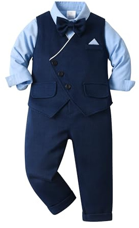 Volunboy Completo Elegante Bambino Camicie + Papillon + Gilet + Pantaloni, Ragazzo Abbigliamento 4 Pezzi Gentleman Cerimonia Nozze(18-24 Mesi,Blu Intenso,Taglia 90)
