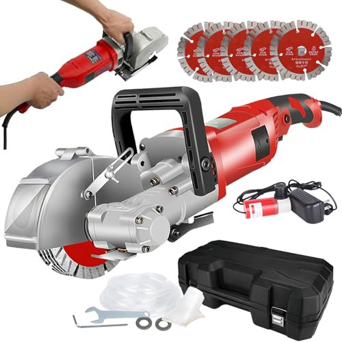 Fablestoryem Fresatrice per Muri Elettrica, Fresatrice per Muri da 4000 W, con 5 Lame e Pompa dell'Acqua, Fresatrice per Muri da 7500 Giri/Min, Tagliatrice per Muri, per Marmo, Granito, Cemento,Red