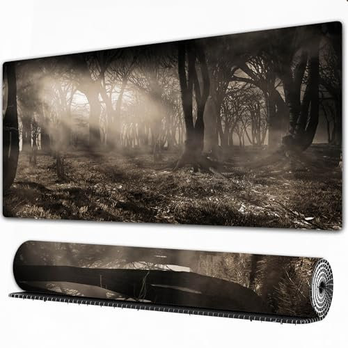 FEHWI Grand Tapis de Souris de Jeu avec Bords surpiqués et Dos antidérapant,sous-Main pour Clavier et Souris,Gothique, Photo du Paysage de forêt Sombre avec des Rayons de Soleil et du brouil,75x40 cm