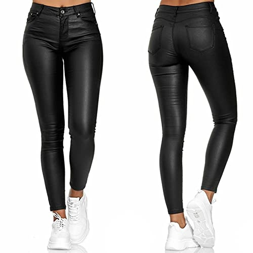 Tight Leather Trousers Women UK Sale Clearance Wet Look Leggings Faux Leather Trousers High Waist Leather Leggings Club Party Outfits Going Out Retro Ladies Tights Trousers Stretch Tight PU Pants