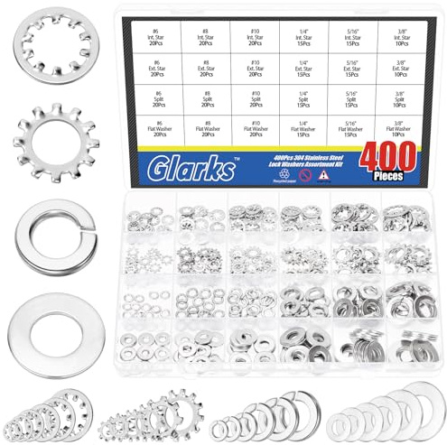 Glarks 400 pièces #6#8#10 1/4, 5/16, 3/8 Rondelles étoiles externes et internes et rondelles frein avec ensemble de rondelles plates, rondelles étoiles et rondelles frein en acier inoxydable 304