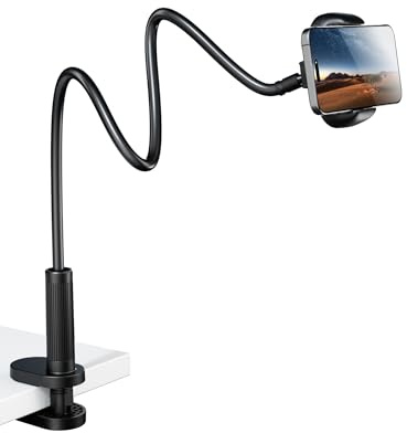 Klsniur Flexible Gooseneck Phone Holder, Universal Adjustable Phone Stand with Reinforced Anti-Slip Base & Aluminum Alloy Neck, Compatible with iPhone 16/15/14 Pro Max, Samsung Huawei (Black)