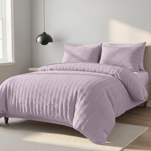 Z&A Homz Z&A Bedding Single Seersucker Duvet Cover Lilac - Luxury Soft Breathable Brushed Microfiber Quilt Cover with Pillow Cases - Easy Care Washable Comforter Set