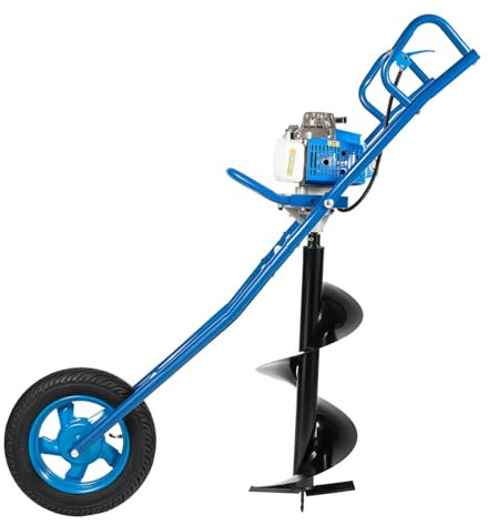 LENDISIY 2-Takt Benzin Erdbohrer, 63CC 2,2KW Erdlochbohrer mit Rädern, Benzin Pfahlbohrer Erdbohrgerät Rammgerät, Ø 300 mm Bohraufsätzen, Schubkarren Erdbohrer Earth Auger (Blau)