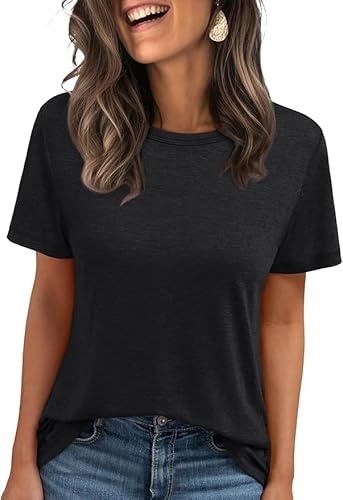Cuptacc T-shirt Dam Sommar Basic Skjorta Toppar Dam Rund Hals Kortärmad Enfärgad Casual Topp, svart, XXL
