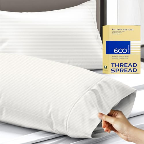 Thread Spread 100% Egyptian Cotton Pillow Cases - 600 Thread Count Pillowcases King Size Sets of 2, Cooling & Breathable Extra Long Staple Sateen Weave Cotton Pillow Covers for Bed - Ivory Stripe