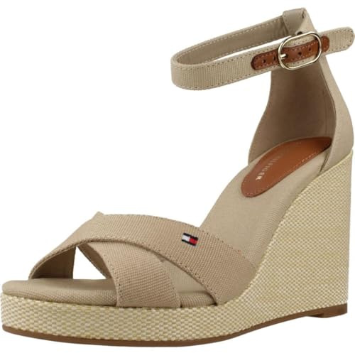 Tommy Hilfiger Sandali con Zeppa da Donna Marchio, Modello Flag High Wedge FW0FW08661, Realizzato in Cotone. Beige 41