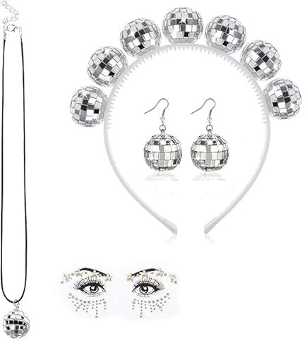 PMELCXD 4pcs Discokugel Deko,Disco Ohrringe,Disco Haarreif Set mit Ohrhängern, Halskette und Glitzer Gesichtssticker - Perfekt für Party-Outfits - Silber