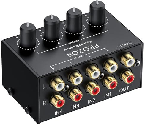 PROZOR Mixer Audio Passivo 4 Canali con Manopole Volume Miscelatore Audio 4 Canali Passive Portatile Supporta Input/Output RCA Mixer Stereo Compatto per DJ, Mixer Home Theater e Home Studio