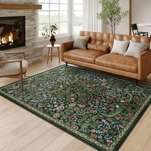 AUWUUA Wohnzimmer Teppich mit Blumenmuster 200x280cm Boho Grün Teppich Schlafzimmer, Ultradünn rutschfest Botanisch Kleiner Teppiche für Eingangsbereich, Küche, Esszimmer, Innen-Fußmatte