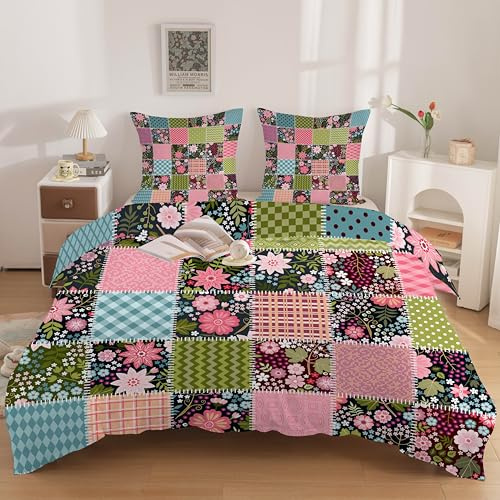 Housse de Couette 200x200 Patchwork Carreaux Coloré avec 2 Taies d’oreiller 65x65 cm, Parure de Lit 2 Personne Imprimée Floral Pastoral - Ensemble Housse Couette Réversible avec Fermeture Éclair