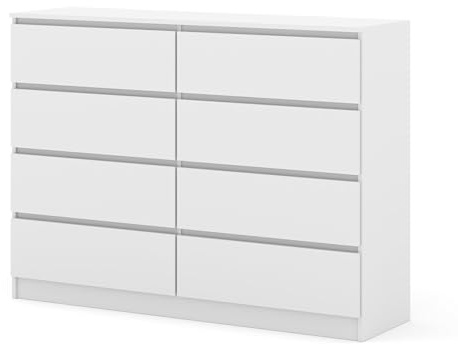 Homlando Maja S8 - Cómoda con 8 cajones, 140x40x104 cm – moderno aparador sin tiradores – cómoda estable para pasillo, dormitorio o armario de oficina (Blanco Mate)