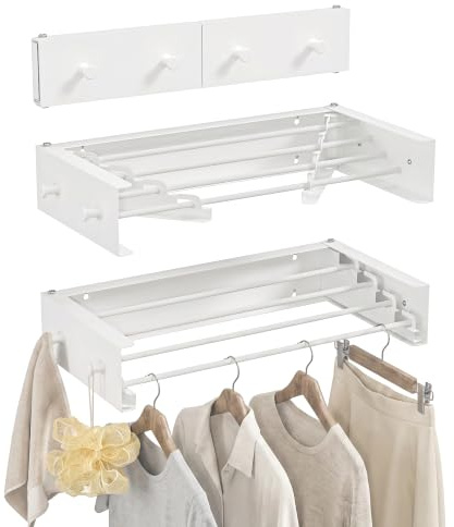 RFOUO Wandwäschetrockner 50 cm mit Haken, klappbarer Wandtrockner, Weiß | Wäscheständer Wandmontage mit 4 Aluminiumstangen, platzsparend bis 18 kg, für Bad, Balkon, Waschküche