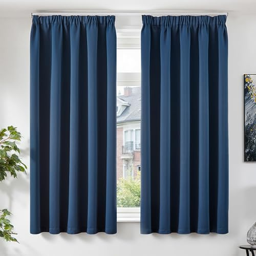 TOPICK Gardinen Vorhänge Verdunklungsvorhänge H175xB140 2er Set Dunkelblau | Gardinen mit Kräuselband Wohnzimmer modern Vorhänge Blickdicht Schlafzimmer Blackout Curtains verdunkelung Fensterdekoration