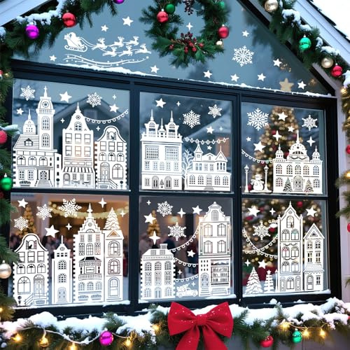 decalmile Fensterbilder Weihnachten Häuser Weiß Rentiere Fensteraufkleber | Statische Anti-Kollision Fensterdeko, Beidseitiger Druck, auf Beiden Seiten klar Sichtbar, Wasserdicht, Abnehmbar