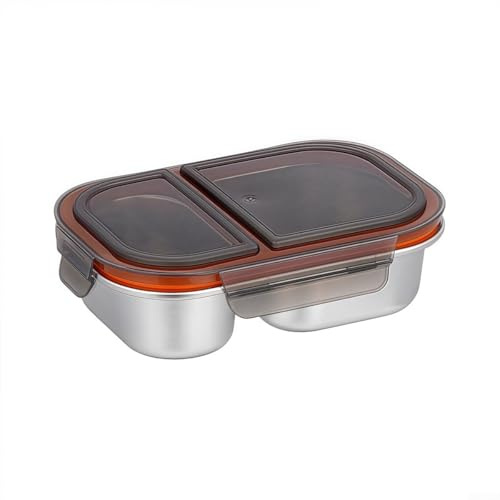 Bulevisiter - Caja de almuerzo de acero inoxidable con 2 compartimentos, contenedor de alimentos, caja de aperitivos para niños, adultos, escuela, trabajo, picnic, contenedor de aperitivos a prueba de