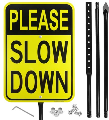 Large Please Slow Down Sign, 17x 12 .040 Aluminum Sign with 54 Heavy Duty Metal Thick Stake - Reflective, UV Protected and Weatherproof