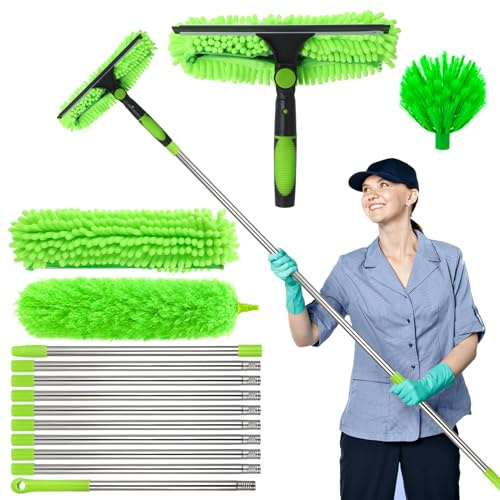 saerryor 4.25 M Window Squeegee Cleaning Kit,3-in-1 Telescopic Window Cleaner with 10 Extension Pole,Silicone Squeegee&3 Cloths,Window Cleaning Equipment for Home Car