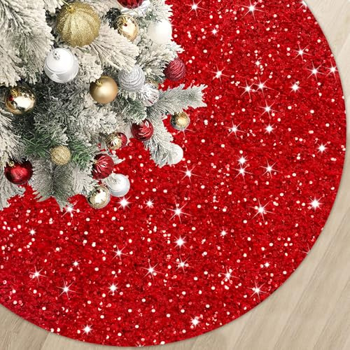 FUHSY 118 CM Diameter Christmas Tree Skirt Red Sequin Velvet Tree Decorative Skirts Glitter Embroidered and Sequined Tree Cover Mat Glitter Xmas Tree Skirt for Christmas Halloween Tree Decoration