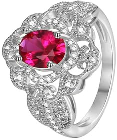 AMDXD Weißgold 9K 375 Eheringe, Bandringe Klassiker mit Labor Erstellt Rubin Ovalschliff Rot, Pärchen Ringe mit Moissanit Au375 Gold Echt, Gr.56 (17.8)