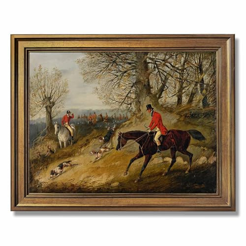 Gold Framed Fox Hunting Scene by Henry Thomas Alken Poster Wall Art Vintage Classic 19th Century Sports Oil Painting Reproduction Antique Equestrian Canvas Print for Home Bedroom Decor 12x16inch