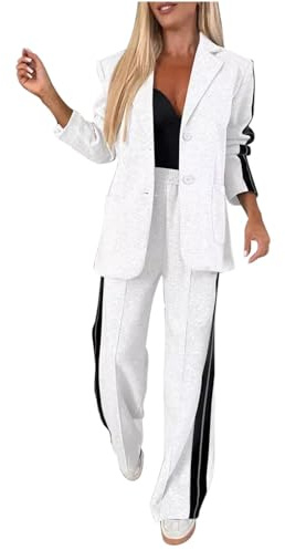 Dam 2-delad blazer kläder business casual överdimensionerad jacka, jackor breda ben byxor sweatsuits kontor kostymer set träningsoverall, Vitt, S