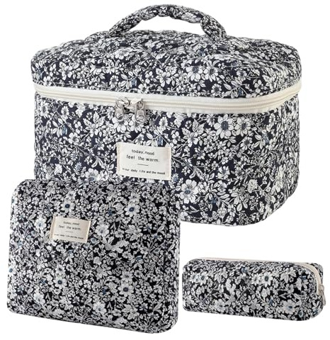Gesteppte Schminktasche 3 Teile Große Gepolsterte Blumen Baumwoll Organizer | Toilettentasche Set für Damen Schule Outdoor Haus Bad Beauty