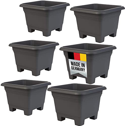 2friends 6er Set Blumenkübel groß außen 38x38 cm - Pflanzkübel mit Untersetzer - Blumentopf 38 cm quadratisch, Frost- & UV-beständig, recycelbar, stoßfest - Anthrazit - Made in Germany