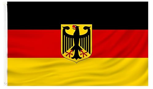Bandera de Alemania con águila de 90x150 cm, de poliéster con 2 ojales metálicos, resistente a la intemperie y con doble costura, ideal para fiestas, eventos deportivos y balcones.