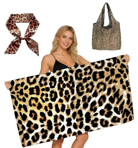 QuidToyzian Toallas de Playa Set -Playa Toalla Microfibra Estampado Leopardo 160x80cm con Bolsa y Pañuelo,Antisand Secado Rápido Ligera,Super Lightweight Sandless Towel for Pool, Camping,Yoga Travel