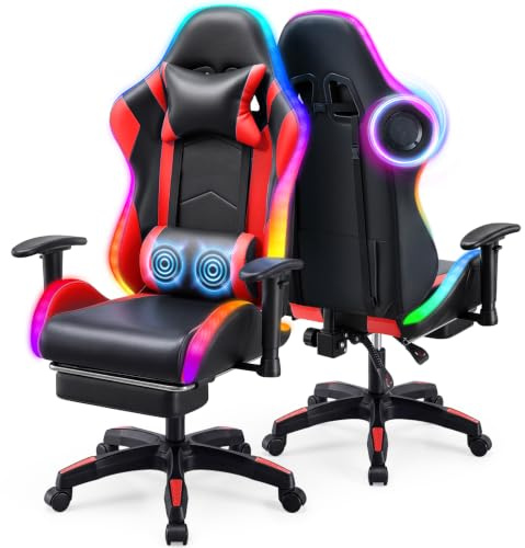 Warmiehomy RGB Gaming Chair with LED Lights and Bluetooth Speakers, Ergonomic Reclining Gaming Chair for Adults with Footrest,Video Game Chair with Adjustable 2D Armrests and Massage, High Back, Red