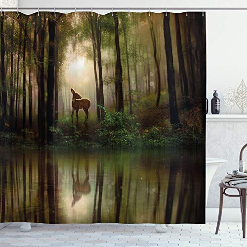 Ambesonne Nature Shower Curtain, Deer in The Forest Reflection on Lake Foggy Woodland Graphic, Cloth Fabric Bathroom Decor Set with Hooks, 69 W x 70 L, Fern Green Brown Cocoa