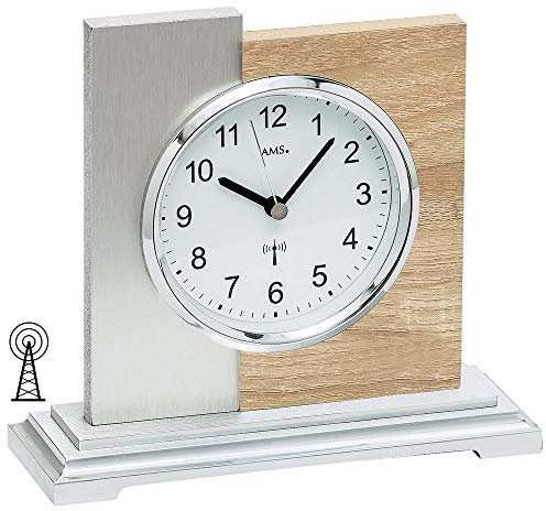 AMS 5151 Tischuhr Funk Silbern Modern Holz Sonoma Optik mit Aluminium Auflage