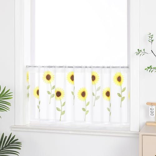 ESLIR Bestickte Küche Gardine Scheibengardine Tunnelzug Bistrogardine Landhaus Kurzgardine Halbtransparent Leinen HxB 30x120cm 1 Stück