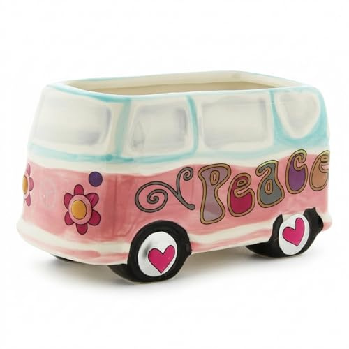 The Bridge Collection Hippy Bus Planter Pot – Retro Peace Bus Ceramic Plant Holder for Succulents Herbs Or Desk Display – Boho Vintage Mini Planter Decor | Hand Painted Ceramic Plant Holder for Succulents & Herbs Mini Boho Planter