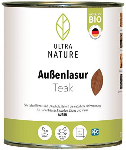 ULTRA NATURE Außen Lasur, 0,75L, Teak, Vegan, Natürlich Bio, Lösemittelfrei, Holzschutzlasur