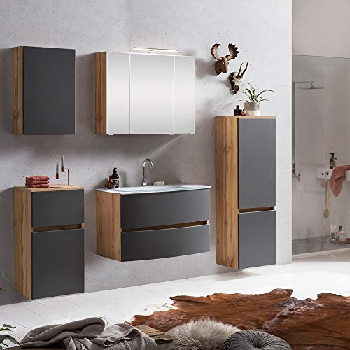 Lomadox Komplett Badmöbel Set 5-TLG. in Wotaneiche Nb. mit matt grau inkl. Glasbecken weiß, Beleuchtung, BxHxT: ca. 200x200x49 cm
