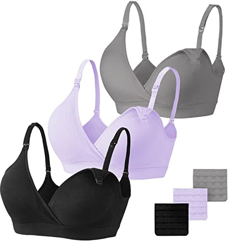 Vinfact Set da 3 Reggiseni Allattamento Senza Cuciture Reggiseno Premaman Cotone Morbido con Imbottito Reggiseno Gravidanza Senza Ferretto, Design con Scollo a V-XXL-Nero